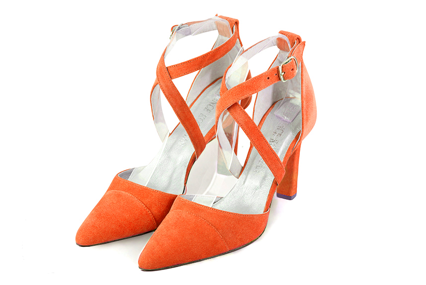 Clementine orange women's open side shoes, with crossed straps. Tapered toe. High slim heel. Front view - Florence KOOIJMAN